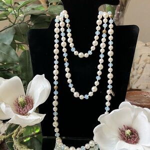 Elegant Pearl and Blue Bead Necklace